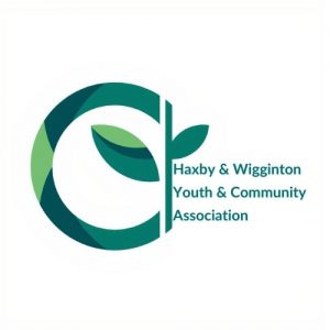 Haxby & Wigginton Youth & Community Association is written in teal next to a large teal and green C shape which is connected to make a circle by a line with two leaves either side