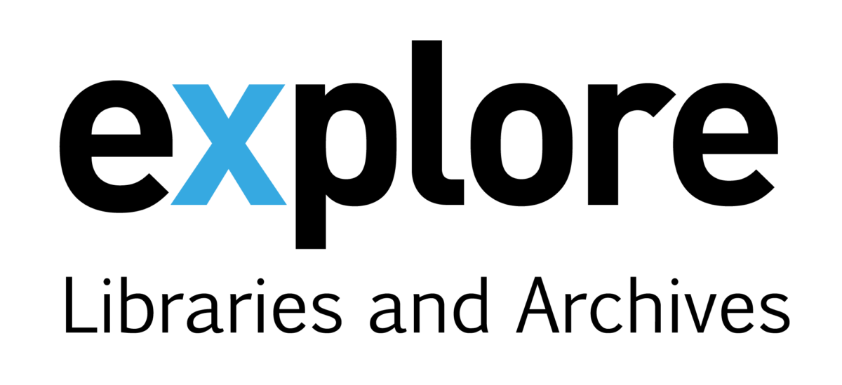 Image shows the word Explore written in lower case in black, with the X in a pale blue. Below this is written Libraries and Archives in black.