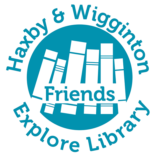 Blue circle with white books on a shelf with the word "Friends" across the middle. Around the outside of the circle are the words Haxby and Wigginton Explore Library.