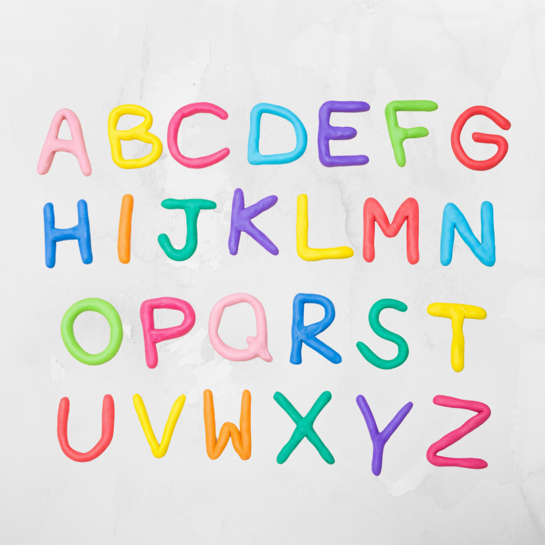 A-Z the letters of the alphabet which look as though they are made out of plasticine in bright colours laid out in order